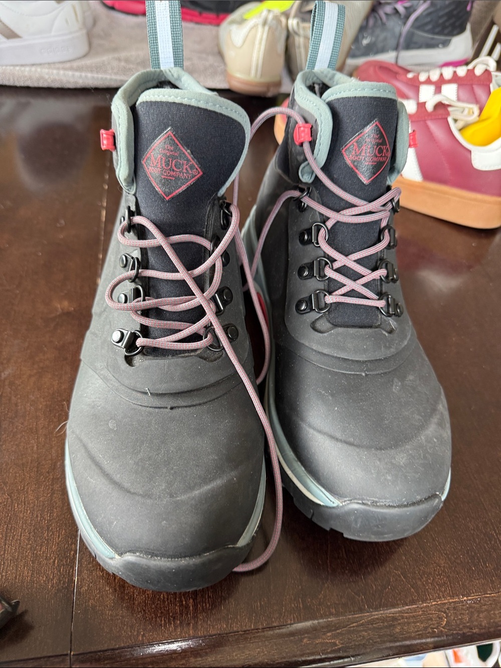 Muck Boot Company Women's Black Lace-Up Waterproof Boots with Pink Laces
